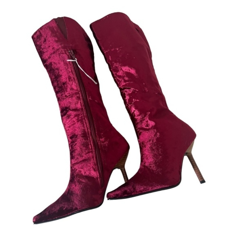 Colin Stuart Red Velvet Leather Mid Calf Pointed Toe Heel Boots Size 7M - Picture 14 of 16